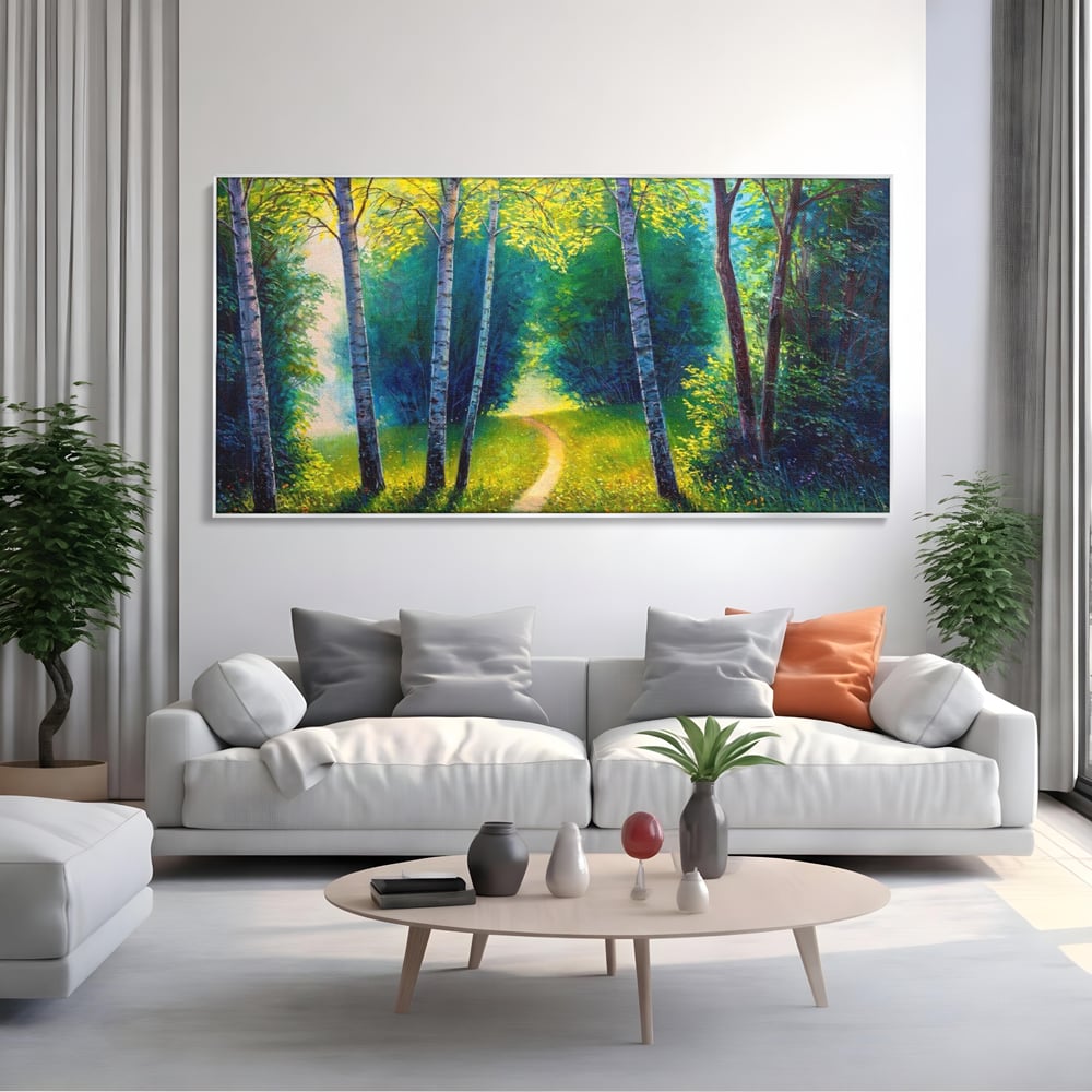 Tablou canvas cu tablou canvas cu alee prin padurea verde, in rama de aluminiu argintiu, pe perete intr-un living